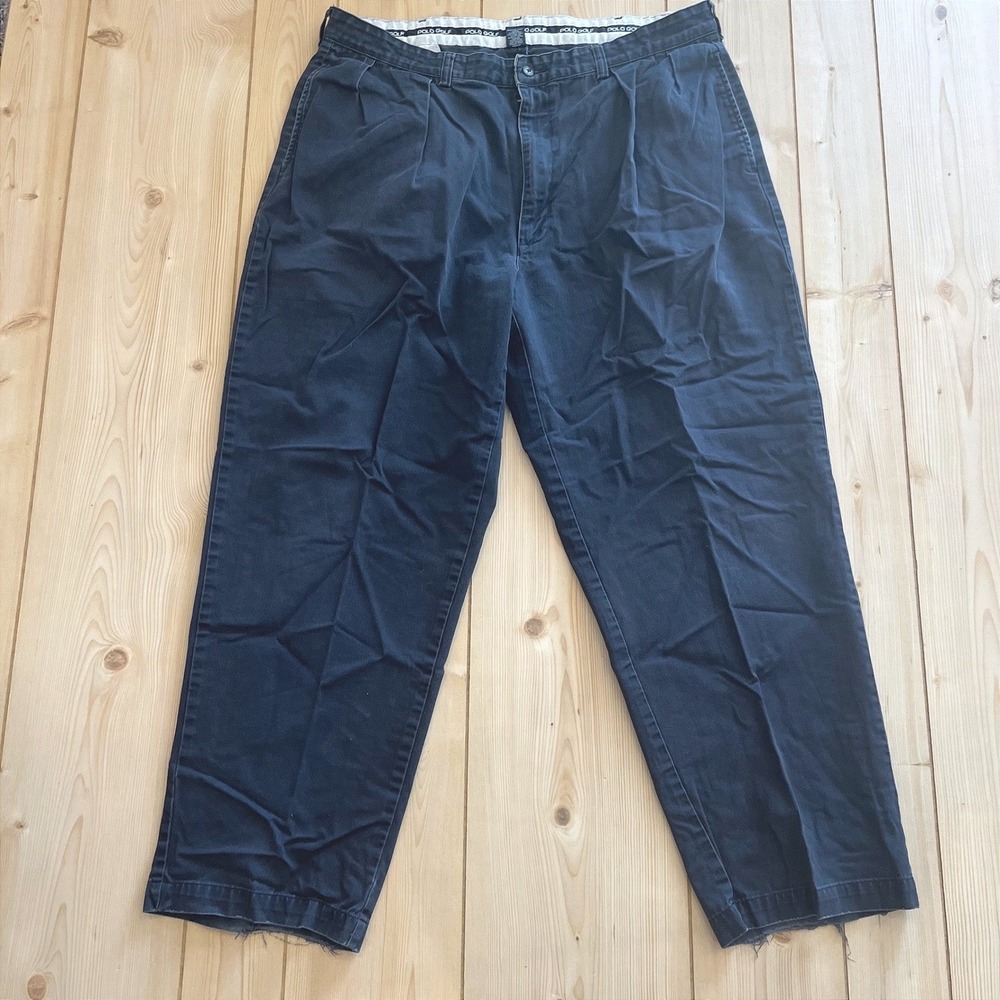 Vtg Polo Golf Men Pleated Chino Pants Navy Blue‎ Preppy Cotton Trousers 37x27.5